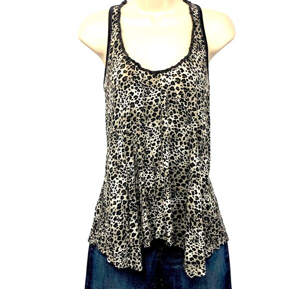 Splendid Tops - Splendid Black Gray Leopard Print Racer Back Top Lettuce Edge Scoop Neck